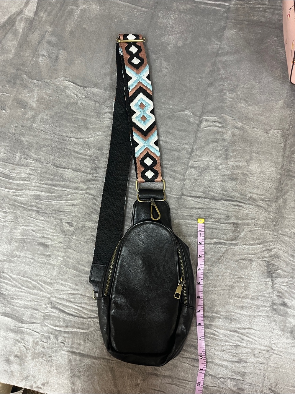 Black Leather Crossbody Sling Bag with Patterned Adjustable Strap